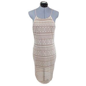 POETRY Medium Cream Tan Crochet Dress Midi Bodycon Lace Boho Illusion Sundress